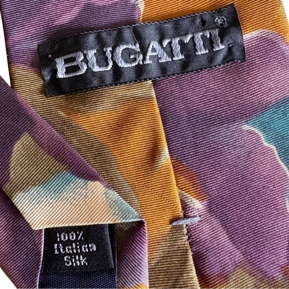 Vintage Bugatti Men’s 100% Italian Silk Tie Floral Iris Abstract Teal Purple Y2K - Picture 2 of 6